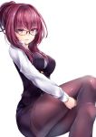  1girl alternate_costume alternate_hairstyle bangs bespectacled black-framed_eyewear black_legwear commentary_request eyebrows_visible_through_hair fate/grand_order fate_(series) formal glasses hair_intakes hane_yuki highres light_smile long_hair looking_at_viewer office_lady pantyhose parted_lips pencil_skirt purple_hair red_eyes scathach_(fate/grand_order) short_ponytail simple_background skirt skirt_suit solo suit thighband_pantyhose tied_hair very_long_hair white_background 