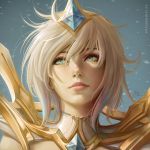  1girl 2018 artist_name bangs blonde_hair blue_eyes blue_hair closed_mouth commentary elementalist_lux english_commentary floating_hair gem gradient_hair hair_between_eyes league_of_legends light_elementalist_lux lips looking_away looking_up luxanna_crownguard multicolored_hair nose pink_hair portrait sciamano240 short_hair signature solo tiara 