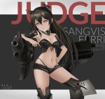  1girl ark_john_up bangs black_hair black_shorts blush boots breasts character_name choker cleavage closed_mouth collarbone crossed_bangs dated elbow_rest eyebrows_visible_through_hair front-tie_top frown girls_frontline hair_between_eyes head_tilt headgear highleg judge_(girls_frontline) long_hair looking_at_viewer medium_breasts navel panties sangvis_ferri shorts sidelocks signature solo thigh-highs thigh_boots underwear yellow_eyes 
