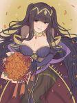  1girl bangle bangs black_hair blunt_bangs bodystocking bodysuit bracelet breasts bridal_gauntlets circlet covered_navel dress fire_emblem fire_emblem:_kakusei fire_emblem_heroes highres jewelry jivke long_hair looking_at_viewer purple_dress robe skin_tight smile tharja tiara two_side_up wedding_dress 