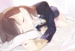  1girl ama_mitsuki bed_sheet beige_sweater black_ribbon blue_blazer brown_hair buttons closed_eyes closed_mouth collared_shirt commentary_request dated full_body head_on_pillow legs_together long_sleeves lying on_bed on_side original pleated_skirt ribbon school_uniform shirt skirt sleeping solo twintails white_pillow white_shirt 
