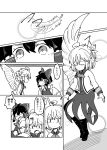  2girls ahoge arm_grab bow buna_shimeji_(keymush) commentary_request detached_sleeves feathers frown greyscale hair_bow hair_tubes hakurei_reimu highres jacket kishin_sagume long_sleeves looking_at_another monochrome multiple_girls open_clothes open_jacket open_mouth short_hair single_wing sweatdrop touhou translation_request wings 