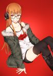  1girl arm_support black-framed_eyewear black_footwear black_legwear black_shorts brown_eyes brown_hair brown_jacket collarbone fur_trim glasses grin headphones highres invisible_chair jacket long_hair looking_at_viewer open_clothes open_jacket persona persona_5 sakura_futaba short_shorts shorts sitting smile solo thigh-highs very_long_hair yonuko 