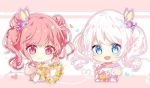  2girls :d alternate_hairstyle bang_dream! bangs blue_eyes bouquet butterfly_hair_ornament chibi cropped_torso double_bun flower hair_ornament hand_up heart holding jpeg_artifacts maruyama_aya multiple_girls open_mouth pink_eyes pink_hair short_sleeves smile taya_5323203 twintails upper_body wakamiya_eve white_hair 