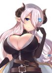  1girl absurdres bare_shoulders belt_buckle black_dress black_gloves blue_eyes blush breasts brown_belt buckle cleavage closed_mouth commentary_request curled_horns draph dress elbow_gloves gloves granblue_fantasy hair_ornament hair_over_one_eye hand_up highres horns large_breasts long_hair looking_at_viewer narmaya_(granblue_fantasy) natsu_(sinker8c) pointy_ears silver_hair simple_background solo very_long_hair white_background 