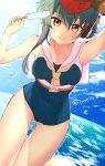  1girl ass_visible_through_thighs asymmetrical_hair black_hair black_swimsuit blue_sky brown_eyes clouds cowboy_shot crop_top dutch_angle food framed_breasts gloves hair_between_eyes headphones highres horizon i-14_(kantai_collection) irokiiro kantai_collection looking_at_viewer neckerchief ocean partly_fingerless_gloves popsicle sailor_collar school_swimsuit short_hair single_glove sky solo swimsuit twitter_username 