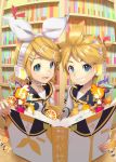  &gt;_&lt; &gt;_o 1boy 1girl :d aqua_eyes bass_clef blonde_hair book bookmark bookshelf bow brother_and_sister chibi food fruit grin hair_bow hair_ornament hairclip headphones headset highres holding holding_book kagamine_len kagamine_rin multicolored multicolored_background musical_note nail_polish necktie one_eye_closed open_book open_mouth orange orange_slice pop-up_book rin_no_youchuu sailor_collar sawashi_(ur-sawasi) short_hair siblings smile treble_clef twins vocaloid xd yellow_nails yellow_neckwear 