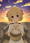  1girl absurdres bangs basket blonde_hair blunt_bangs blush clouds collarbone hair_ribbon head_tilt highres holding holding_basket l.tea looking_at_viewer original outdoors red_ribbon ribbon shirt short_hair short_sleeves sky smile solo sunset violet_eyes white_shirt 