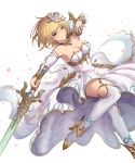  1girl absurdres bangs blonde_hair breasts brown_eyes choker cleavage detached_sleeves djeeta_(granblue_fantasy) dress eyebrows_visible_through_hair floating_hair granblue_fantasy hair_between_eyes hair_ornament high_heels highres holding holding_sword holding_weapon looking_at_viewer medium_breasts simple_background smile solo spaulders strapless strapless_dress sword the_glory thigh-highs weapon white_background white_dress white_legwear yuki7128 