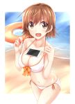  1girl beach bikini breasts brown_eyes brown_hair cellphone cleavage cowboy_shot front-tie_top honda_mio idolmaster idolmaster_cinderella_girls innertube kue large_breasts navel object_on_breast ocean open_mouth phone sand short_hair side-tie_bikini side_ponytail smartphone smile solo swimsuit tawawa_challenge water white_bikini 