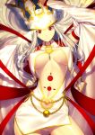  1girl arm_up ass_visible_through_thighs between_breasts breasts bridal_gauntlets closed_mouth contrapposto covered_nipples cowboy_shot crown detached_sleeves dress dress_of_heaven fate/grand_order fate_(series) hat high_collar irisviel_von_einzbern irisviel_von_einzbern_(caster) jewelry long_hair long_sleeves medium_breasts navel necklace official_art red_eyes red_ribbon ribbon shima_udon smile solo stomach very_long_hair white_dress white_hair white_hat 
