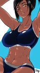  abs armpits arms_up black_hair commentary_request dark_skin feng_(howard8580) highres overwatch pharah_(overwatch) shorts sports_bra sweat 