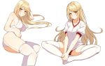  1girl bangs blonde_hair blush bra breasts eyebrows_visible_through_hair flipped_hair garter_straps gym_uniform highres mythra_(xenoblade) icarus_(632247131) long_hair looking_at_viewer lying medium_breasts multiple_views on_side panties sidelocks simple_background sitting swept_bangs thigh-highs underwear underwear_only v-shaped_eyebrows very_long_hair white_background white_bra white_legwear white_panties xenoblade_(series) xenoblade_2 yellow_eyes 