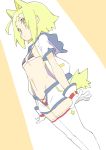  1girl absurdres ahoge animal_ears blonde_hair character_request copyright_request crotch donguri_suzume from_below gloves highres jacket looking_at_viewer midriff navel open_clothes open_jacket short_hair shorts solo star tail thigh-highs white_gloves yellow_eyes 