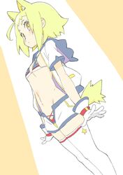  1girl absurdres ahoge animal_ears blonde_hair character_request copyright_request crotch donguri_suzume from_below gloves highres jacket looking_at_viewer midriff navel open_clothes open_jacket short_hair shorts solo star tail thigh-highs white_gloves yellow_eyes 