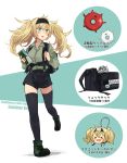  1girl alternate_costume annin_musou backpack bag black_bag black_hairband black_legwear black_shorts blonde_hair blue_eyes blush boots character_name commentary_request enemy_lifebuoy_(kantai_collection) escort_water_hime full_body gambier_bay_(kantai_collection) green_footwear green_shirt hair_between_eyes hairband highres kantai_collection keychain long_hair long_sleeves looking_to_the_side map_(object) open_mouth running shinkaisei-kan shirt shorts solo suspenders thigh-highs translation_request twintails two-tone_background white_background 