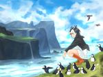  1girl atlantic_puffin_(kemono_friends) black_hair blush boots brown_footwear day kemono_friends knee_boots looking_at_viewer multicolored_hair orange_hair outdoors parted_lips red_eyes sarada_doraivu scenery short_hair squatting white_hair 