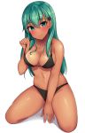 1girl bikini bikini_tan black_bikini blush breasts cleavage closed_mouth collarbone commentary_request eyebrows_visible_through_hair fingernails full_body green_eyes green_hair hair_between_eyes hair_ornament hairclip highres hiiragi_hajime kantai_collection kneeling large_breasts long_hair looking_at_viewer medium_breasts navel shadow shiny shiny_skin simple_background skindentation smile solo strap_lift strap_pull suzuya_(kantai_collection) swimsuit tan tanline white_background