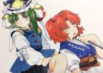  2girls asymmetrical_hair blouse bow breasts flat_chest green_eyes green_hair hair_bobbles hair_ornament hat highres japanese_clothes kagaya_(oshiriudon) marker_(medium) multiple_girls onozuka_komachi redhead ribbon shiki_eiki touhou traditional_media vest 