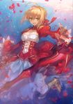  1girl :d aestus_estus ahoge blonde_hair blue_background bow braid chocoan dress fate/extra fate_(series) french_braid frills green_eyes hair_bow hair_bun holding holding_sword holding_weapon juliet_sleeves layered_dress long_sleeves looking_at_viewer nero_claudius_(fate) nero_claudius_(fate)_(all) open_mouth petals puffy_sleeves red_bow red_dress rose_petals short_hair smile solo sword weapon 