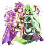  2boys cape dual_persona fingerless_gloves gloves green_eyes green_hair green_pants jacket long_hair long_sleeves looking_at_viewer multiple_boys open_mouth pants purple_cape purple_hair red_scarf rento_(rukeai) saikyou_ginga_ultimate_zero_~battle_spirits~ scarf smile spiky_hair star starry_background thigh_strap violet_eyes white_gloves white_jacket white_pants zero_the_flash zero_the_hurricane 