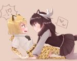  !? 2girls animal_ears antlers belt blonde_hair blush brown_hair center_frills commentary_request elbow_gloves eyebrows_visible_through_hair fang fur_collar gloves heart jaguar_(kemono_friends) jaguar_ears jaguar_print jaguar_tail kemono_friends long_sleeves lying moose_(kemono_friends) moose_ears moose_tail multicolored_hair multiple_girls on_back open_mouth pantyhose pleated_skirt scarf short_hair short_sleeves skirt sweater tail tamago_biscuit_(tozeto) thigh-highs vest 