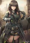  1girl arm_strap armor armpits assault_rifle asymmetrical_legwear bandanna bangs brown_eyes brown_hair case closed_mouth clothes_around_waist collarbone cowboy_shot detached_sleeves digi-mind_update_(girls_frontline) elbow_pads eyebrows_visible_through_hair gauntlets girls_frontline gloves gun hair_between_eyes hand_in_hair headset highres hiroki_ree holding holding_gun holding_strap holding_weapon jacket_around_waist long_hair looking_at_viewer m4_carbine m4a1_(girls_frontline) magazine_(weapon) multicolored_hair pouch ribbed_legwear ribbed_sweater rifle scope sidelocks signature simple_background single_thighhigh skindentation solo strap streaked_hair sweater sweater_vest thigh-highs thigh_strap thighs weapon weapon_case white_background wind wind_lift 