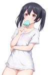  1girl bangs black_hair blush breasts chocolate_mint cleavage commentary_request cowboy_shot dutch_angle eyebrows_visible_through_hair food food_in_mouth hair_between_eyes hair_tie highres holding holding_food ichiban_no_yagi looking_at_viewer love_live! love_live!_school_idol_project medium_hair no_pants panties pantyshot pantyshot_(standing) pink_panties popsicle red_eyes shirt short_sleeves sidelocks simple_background small_breasts solo standing twintails underwear white_background white_shirt yazawa_nico 