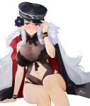  1girl arm_support azur_lane breasts coat cutout flower fur_trim graf_zeppelin_(azur_lane) hair_between_eyes hair_flower hair_ornament hat highres jacket_on_shoulders large_breasts lingerie long_hair looking_at_viewer navel one-piece_swimsuit peaked_cap red_eyes see-through silver_hair sitting solo swimsuit underwear very_long_hair white_background wristband yueguang_zhanglang 