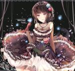  1girl bang_dream! bangs black_background black_choker black_hair blue_flower blue_rose breasts bug butterfly butterfly_on_finger character_name choker dress elbow_gloves flower frilled_dress frilled_gloves frills gloves gothic_lolita hair_bun hair_flower hair_ornament hair_up hairband insect jewelry lace lace_border lolita_fashion lolita_hairband medium_breasts necklace overskirt parted_lips pink_flower pink_rose ribbon-trimmed_dress rose sash shirokane_rinko smile solo taya_5323203 violet_eyes 