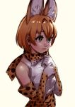  1girl absurdres animal_ears blonde_hair blush bow bowtie elbow_gloves extra_ears gloves hair_between_eyes hands_on_own_chest highres kemono_friends multicolored multicolored_clothes multicolored_gloves multicolored_neckwear print_gloves print_neckwear serval_(kemono_friends) serval_ears serval_print short_hair simple_background sketch sleeveless solo takami_masahiro white_gloves white_neckwear yellow_eyes yellow_gloves yellow_neckwear 