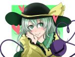  1girl black_hat blush commentary_request green_eyes green_hair hair_between_eyes hat heart heart-shaped_pupils komeiji_koishi long_sleeves looking_at_viewer sei_no_ji solo symbol-shaped_pupils touhou wide_sleeves 