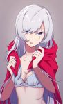  1girl bangs bra breasts cape cleavage collarbone grey_background grey_bra hair_between_eyes long_hair looking_at_viewer maguro_(guromaguro) open_mouth red_cape rwby scar scar_across_eye silver_hair simple_background small_breasts solo swept_bangs underwear upper_body very_long_hair weiss_schnee 