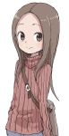  1girl absurdres bag bangs brown_eyes brown_hair flat_chest highres karakai_jouzu_no_takagi-san long_hair long_sleeves looking_at_viewer pants parted_bangs red_sweater ribbed_sweater shoulder_bag smile solo sweater takagi-san yamamoto_souichirou 