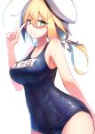  1girl ahoge aqua_eyes beize_(garbage) blonde_hair blush breasts cowboy_shot glasses hair_ribbon hat i-8_(kantai_collection) kantai_collection large_breasts long_hair looking_at_viewer low_twintails name_tag peaked_cap red-framed_eyewear ribbon sailor_hat school_swimsuit simple_background smile solo swimsuit twintails white_background white_ribbon 
