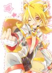  1boy blonde_hair fang fingerless_gloves gloves long_sleeves looking_at_viewer one_eye_closed open_mouth outstretched_arms rento_(rukeai) saikyou_ginga_ultimate_zero_~battle_spirits~ smile snapping_fingers solo spiky_hair star starry_background white_coat white_gloves yellow_eyes zero_the_glint 