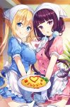  2girls :q apron blend_s blonde_hair blue_eyes blue_shirt blue_skirt blush breasts brick_wall chestnut_mouth closed_mouth commentary finger_to_mouth food frilled_apron frills gloves head_scarf head_tilt heart hinata_kaho hitsukuya holding holding_plate indoors large_breasts long_hair looking_at_viewer low_twintails multiple_girls omurice parted_lips pink_shirt pink_skirt plate pleated_skirt puffy_short_sleeves puffy_sleeves purple_hair sakuranomiya_maika shirt short_sleeves skirt small_breasts smile stile_uniform thigh-highs tongue tongue_out twintails uniform very_long_hair violet_eyes waist_apron waitress white_apron white_gloves white_legwear 