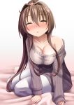  1girl bare_shoulders blush breasts brown_hair brown_sweater cherry_blossoms cleavage closed_eyes collarbone flower full_body gorito hair_flower hair_ornament highres imminent_kiss kantai_collection large_breasts long_hair looking_at_viewer off-shoulder_sweater pants ponytail ribbed_sweater sitting solo sweater white_pants yamato_(kantai_collection) 