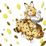  1girl :d animal_ears belt blonde_hair bow bowtie elbow_gloves extra_ears full_body gloves hair_between_eyes high-waist_skirt highres kemono_friends looking_at_viewer multicolored multicolored_clothes multicolored_gloves multicolored_legwear multicolored_neckwear open_mouth paw_pose print_gloves print_neckwear print_skirt serval_(kemono_friends) serval_ears serval_tail shirt skirt sleeveless sleeveless_shirt smile solo tail tamiku_(shisyamo609) white_background white_gloves white_legwear white_neckwear yellow_eyes yellow_gloves yellow_legwear yellow_neckwear yellow_skirt 