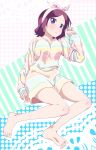  1girl barefoot blush brown_hair full_body highres looking_at_viewer lying multicolored_sweater new_game! on_back parted_lips pink_x shiny shiny_skin short_hair solo striped striped_sweater sweater tooyama_rin towel violet_eyes 