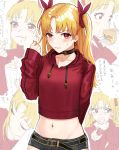  1girl absurdres arm_behind_back bangs belt blonde_hair blush bow chocker collarbone commentary_request cowboy_shot earrings ereshkigal_(fate/grand_order) fate/grand_order fate_(series) hakisou highres hood hoodie jewelry long_hair looking_at_viewer midriff navel red_bow red_eyes short_shorts shorts skull solo tohsaka_rin twintails 