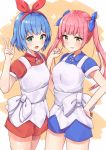  2girls :d apron blue_bow blue_dress blue_hair blush bow collared_dress cowboy_shot dress eyebrows_visible_through_hair green_eyes hair_bow hairband hand_on_hip hand_up highres long_hair multiple_girls omega_rei omega_rio omega_sisters open_mouth puffy_short_sleeves puffy_sleeves racchi. red_bow red_dress short_hair short_sleeves smile standing star twintails virtual_youtuber w yellow_background yellow_eyes 