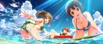  3girls :d animal_print ass bangle bikini blush bracelet breasts brown_eyes brown_hair cleavage closed_eyes clouds collarbone day eyebrows_visible_through_hair frilled_bikini frills front-tie_bikini front-tie_top green_bikini hair_ornament hair_scrunchie highres hori_yuuko horizontal_stripes idolmaster idolmaster_cinderella_girls innertube jewelry katagiri_sanae large_breasts leopard_print long_hair looking_at_viewer medium_breasts multiple_girls ocean oikawa_shizuku open_mouth outdoors partially_submerged ponytail scrunchie sexy_guilty short_hair sky smile sparkle splashing striped sunlight swimsuit wading water yuuki_tatsuya 