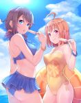 2girls ahoge ass bangs bikini bikini_skirt blue_bikini blue_eyes blue_sky breasts brown_hair clouds covered_navel day food halterneck highres innertube kanabun looking_at_viewer love_live! love_live!_sunshine!! medium_breasts melting midriff multiple_girls o-ring o-ring_swimsuit one-piece_swimsuit orange_hair orange_print orange_scrunchie orange_swimsuit outdoors popsicle scrunchie short_hair sky smile swimsuit takami_chika thighs violet_eyes watanabe_you