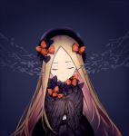 1girl abigail_williams_(fate/grand_order) bangs black_background black_bow black_dress black_hat blonde_hair bow bug butterfly closed_eyes closed_mouth dress eyebrows_visible_through_hair facing_viewer fate/grand_order fate_(series) forehead hair_bow hands_up hat head_tilt insect long_hair long_sleeves orange_bow parted_bangs polka_dot polka_dot_bow sleeves_past_fingers sleeves_past_wrists solo very_long_hair zhi_(yammycheese) 