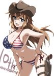  1girl :d absurdres american_flag_bikini anniversary arched_back ass_visible_through_thighs bikini blue_eyes breasts charlotte_e_yeager cleavage cowboy_hat cowboy_shot english eyebrows_visible_through_hair flag_print gun hair_between_eyes halterneck hand_on_hip hand_on_own_thigh handgun hat highres holster large_breasts leaning_forward long_hair looking_at_viewer open_mouth orange_hair side-tie_bikini sidelocks simple_background smile solo strike_witches string_bikini swimsuit text_focus thigh_holster tokiani weapon white_background world_witches_series 