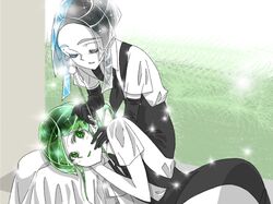  2others androgynous blue_hair blush closed_eyes colored_eyelashes easty elbow_gloves euclase_(houseki_no_kuni) gem_uniform_(houseki_no_kuni) gloves green_eyes green_hair grey_hair houseki_no_kuni jade_(houseki_no_kuni) lap_pillow lying mimikaki multicolored_hair necktie on_side short_hair smile sparkle suspenders 