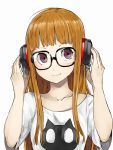  1girl bangs blunt_bangs brown_eyes brown_hair collarbone headphones hi_nomase_ijin highres long_hair looking_away persona persona_5 sakura_futaba shirt short_sleeves simple_background smile solo upper_body very_long_hair white_background white_shirt 