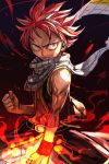  1boy aura clenched_hands closed_mouth copyright_request fairy_tail frown hankuri jacket legs_apart looking_at_viewer male_focus natsu_dragneel redhead sanpaku scarf sleeveless_jacket solo standing upper_body white_scarf wristband 