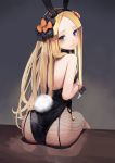  1girl abigail_williams_(fate/grand_order) animal_ears ass bangs bare_shoulders black_bow black_hairband black_leotard blonde_hair blue_eyes blush bow breasts bunny_girl bunny_tail bunnysuit closed_mouth commentary_request fake_animal_ears fate/grand_order fate_(series) fishnet_pantyhose fishnets forehead hair_bow hairband head_tilt highres leotard long_hair looking_at_viewer looking_back orange_bow pantyhose parted_bangs polka_dot polka_dot_bow rabbit_ears sitting small_breasts solo strapless strapless_leotard sunga2usagi tail very_long_hair wrist_cuffs 